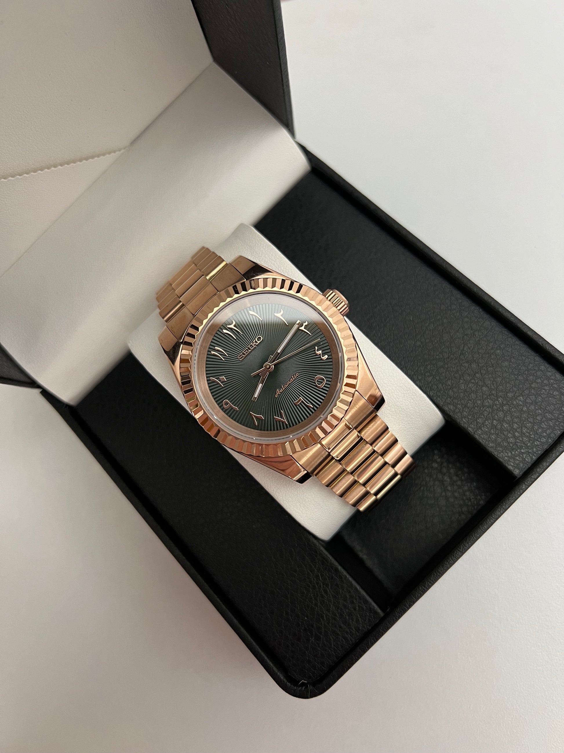 Rose Gold Green Arabic Dateless Custom Seiko Mod