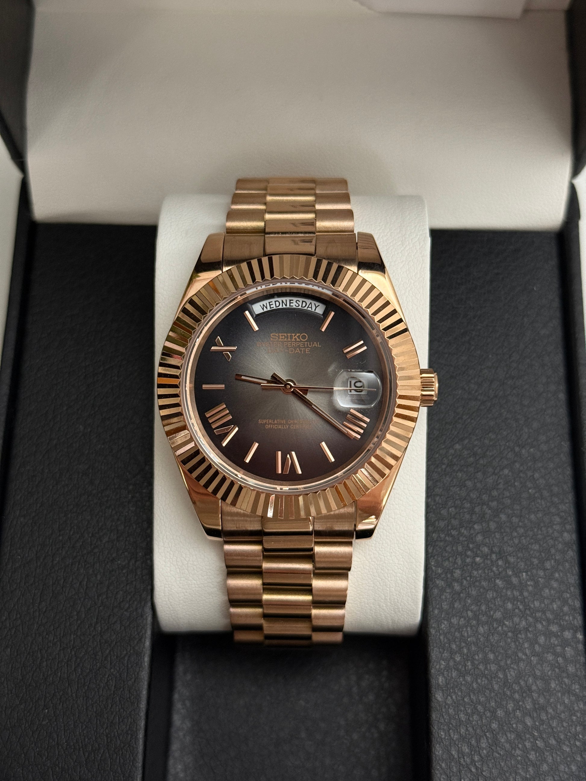 Graphite Rose Gold Roman DayDate Custom Seiko Mod
