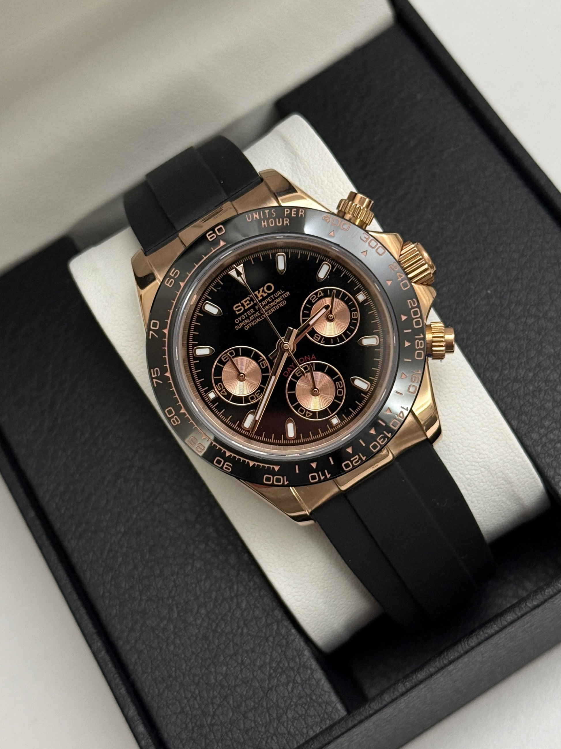 Black and Rose Gold Seiko Daytona Seiko Mod